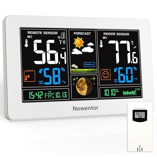 Newentor Weather Station Wireless Indoor Outdoor Thermometer, White,1Sensor | Color Display Digital Weather Thermometer with Atomic Clock, Barometric Pressure, Forecast Station with Adjustable Backlight