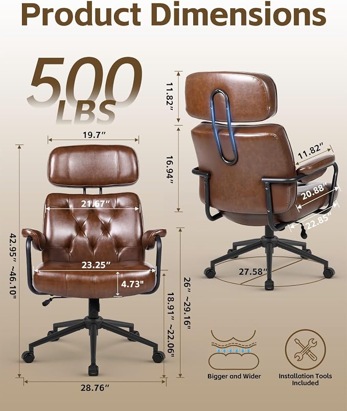 Mid Century Modern Home Office Desk Chair, Ergonomic Office Chair Big and Tall, High Back Executive Office Chair Leather Extra Wide, Computer Chair Comfy, Adjustable Height Rolling Chair, Caramel 2PC