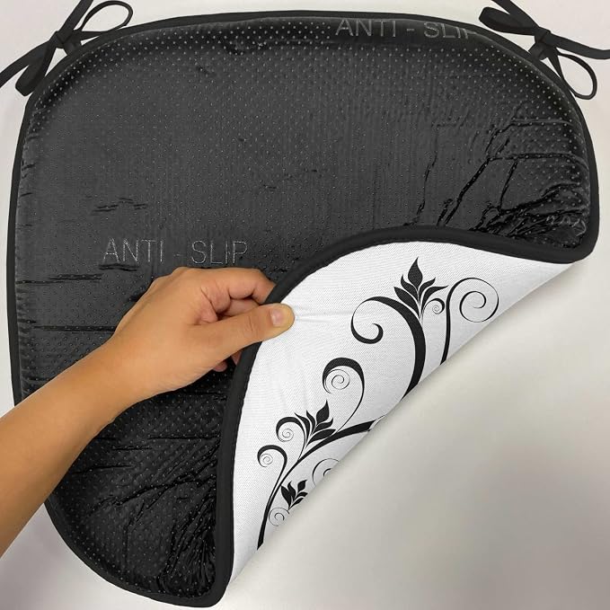 Lunarable Hummingbirds Chair Cushion Pads Set of 6, Tattoo Art Style Hummingbird Silhouette Wildlife Curvy Stems Blooms Imagery, Anti-Slip Seat Padding for Kitchen & Patio, 16"x16", White Black