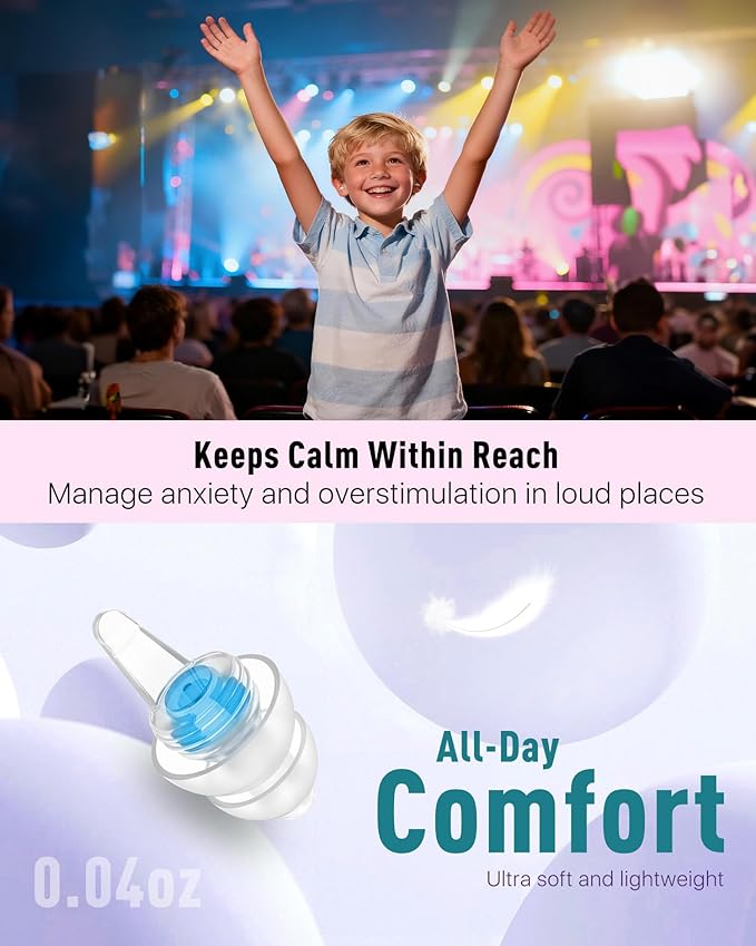 Kids Ear Plugs (6-12 yrs), Reusable Noise Relief Earplugs for Child Adult with Small Ear Canals - Kid Ear Protection for Focus, Fly, Concerts, Socializing, Events, Noise Sensitivity – 2 Pairs, 25 dB