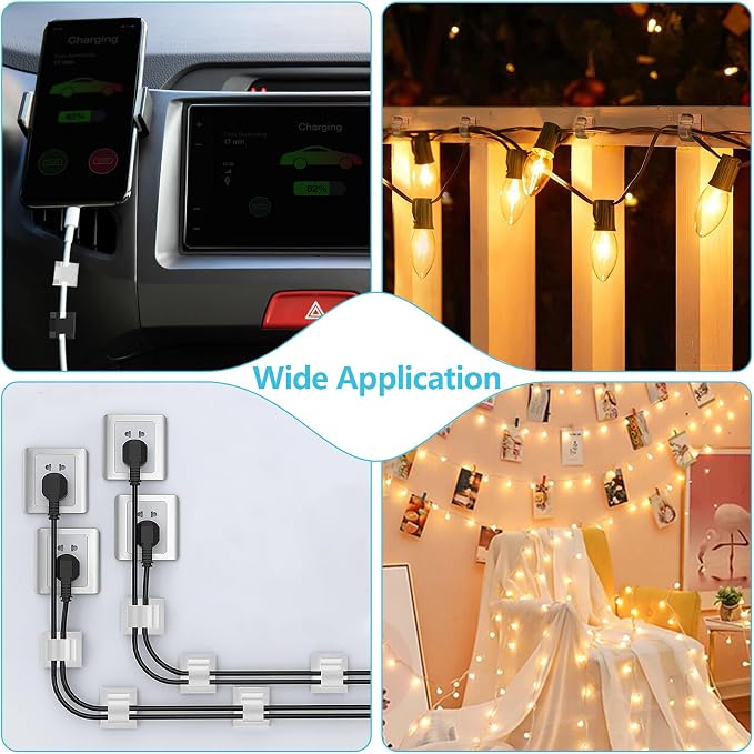 100PCS Cable Clips, Abnii Adhesive Wire Clips Cord Organizer, Clear Large | Strong for Christmas Lights, String Lights, Fairy Lights, Dash Cam, Wall, Desk, Outdoor Cable Staples Management Clips
