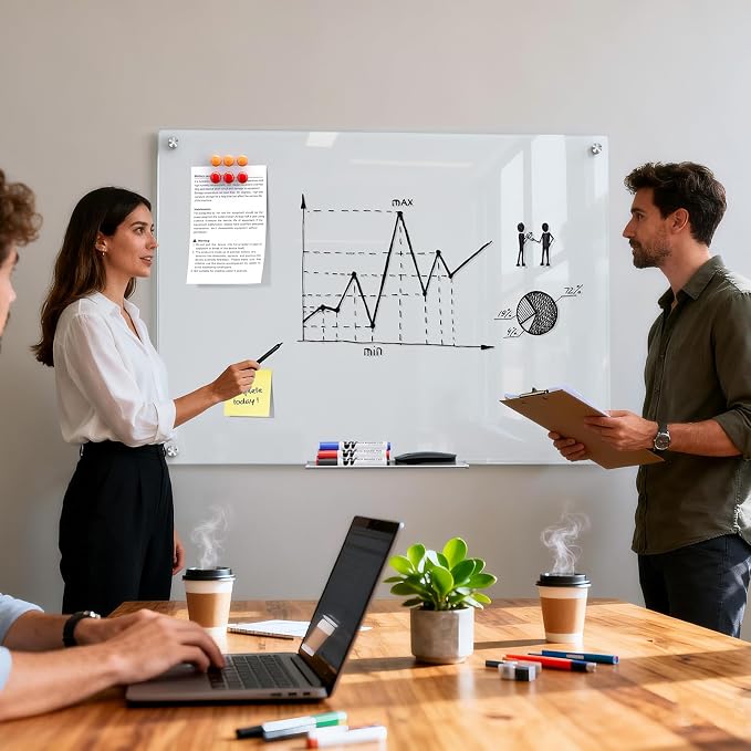 MaxGear Magnetic Glass Whiteboard 48x36 Frameless Wall Mounted | Tempered Glass, Scratch Resistant, Stain Resistant, Ghost Free, Easy Erase, Smooth Writing, High Clarity, Frameless