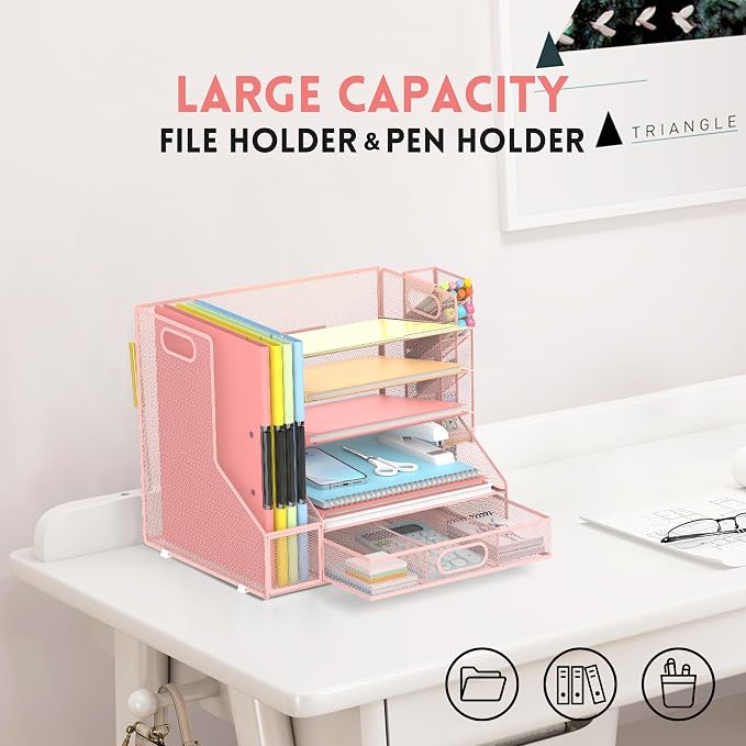5-Tier Desk Organizer with File Holder & Pen Holder & Sliding Drawer, Pink | Mesh Metal Paper Letter Tray for Papers, Mail, Office Supplies, and Desk Accessories