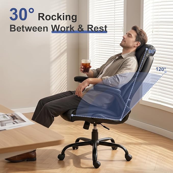 Brage Living Big and Tall Office Chair 400LBS, Heavy Duty Leather Executive Desk Chair with Flip-Up Arms, High Back Swivel Rolling Computer Chair with Rocking Function for Home Office (Black)