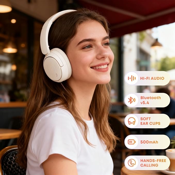 Bluetooth Headphones with Active Noise Cancelling (ANC), Wireless Over Ear Bluetooth Headsets with 35H Playtime, HiFi Stereo Foldable Headphones with Foam Ear Cups for Sports, Travel, White