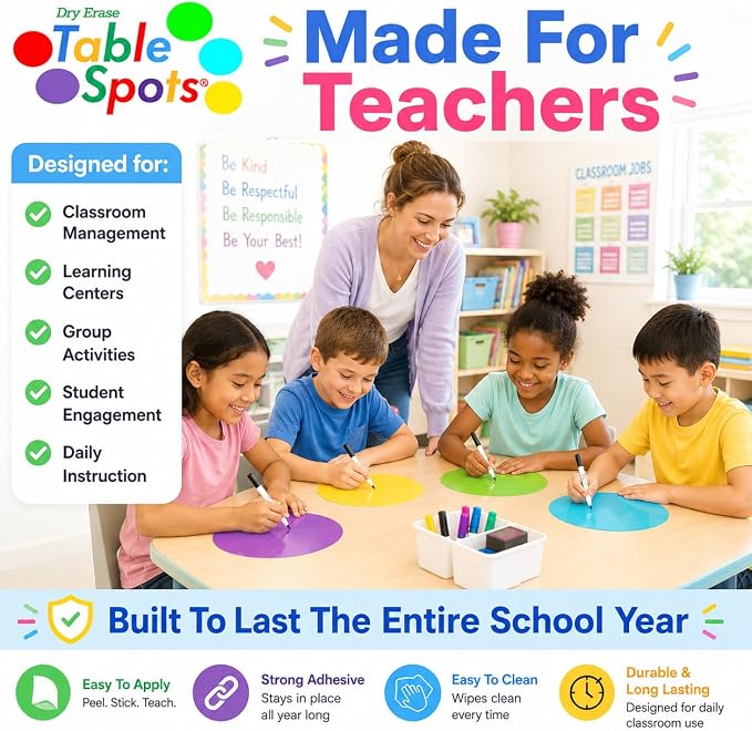 NEW Larger Size! | The Original Table Spots for Teachers | No Staining, No Shadowing, Complete Erase! Dry Erase, 10 Pack Multicolor Circles, Wall Stickers, Decals