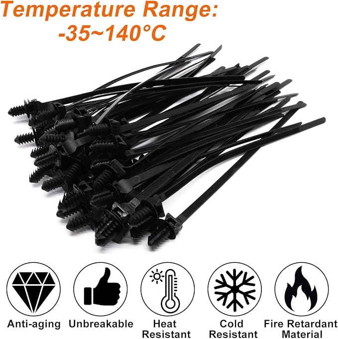 100 PCS Push Mount Zip Ties, 8.3 Inch Nylon Car Mount Wire Ties Snap in Cable Zip Ties, Black Push Mount Cable Ties Automotive Zip Ties Wire Harness Clips for Wire Tying (8.3" L x 0.2" W)