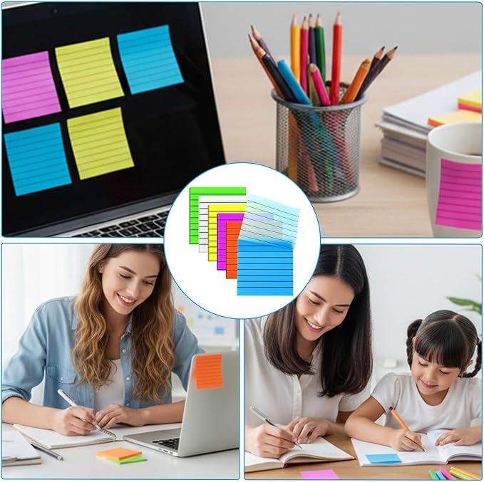 6 Pack Transparent Sticky Notes 300 Sheets 3x3 Inch Clear Sticky Notes with Lines Colorful Lined Post Note Reminder Tabs for Office Home College Meeting