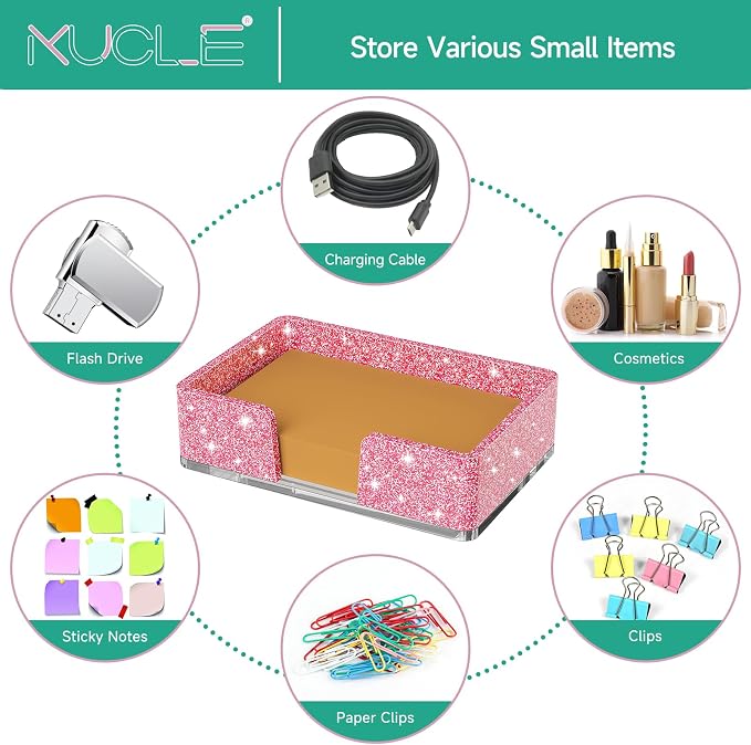 Sticky Note Holder, Glitter Pink Acrylic Notepad Holder 4x6 in Self-Stick Note Dispenser Office Desk Accessories, Memo Pad Holder Organizer for Classroom School Supplies