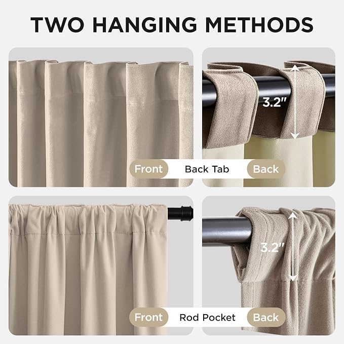 Joydeco Light Beige 100% Blackout Curtains 108 Inch 2 Panels, Luxury Thermal Light Beige Velvet Curtains for Bedroom Living Room, Soundproof Blackout Window Drapes, Rod Pocket & Back Tab (52W x 108L)