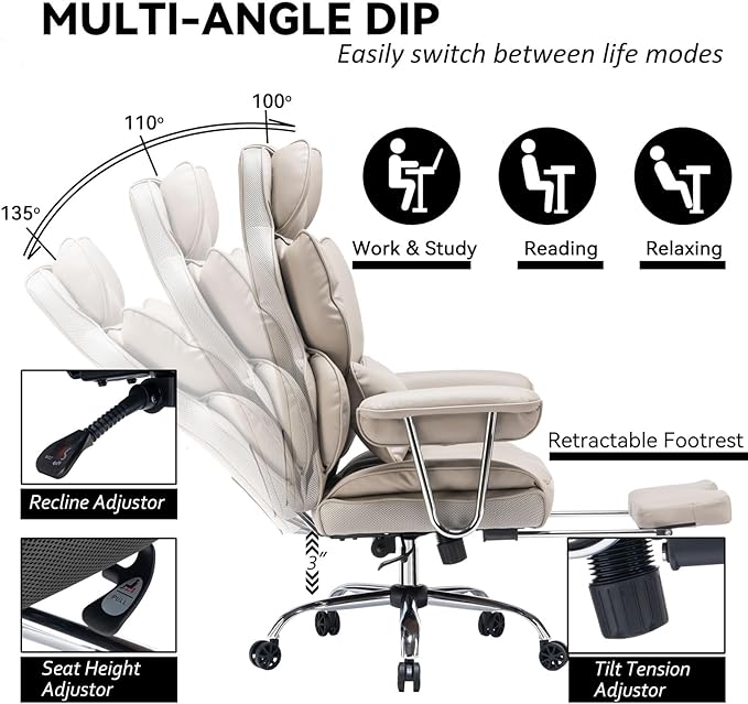 Efomao Big and Tall Office Chair, 400lbs Heavy Duty High Back Executive Chair with 23.6" Extra Wide Seat, PU Leather Desk Chair with Footrest and Padded Armrests, Grey