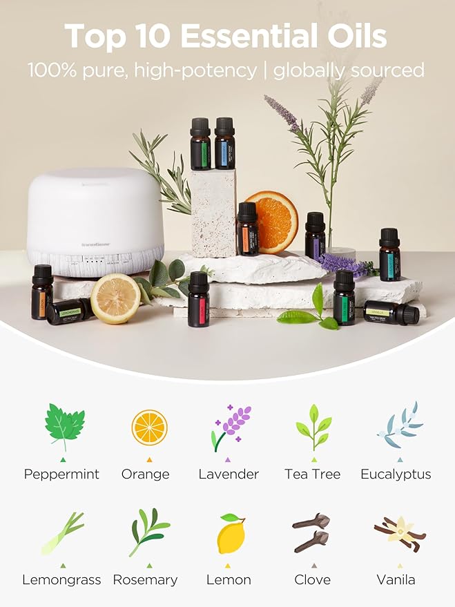 InnoGear Aromatherapy Diffuser & 10 Essential Oils Set, 500ml Essential Oil Diffuser with Remote Control Ultrasonic Cool Mist Scent Humidifier Vaporizer Auto-Off Timer for Valentine's Gift, White