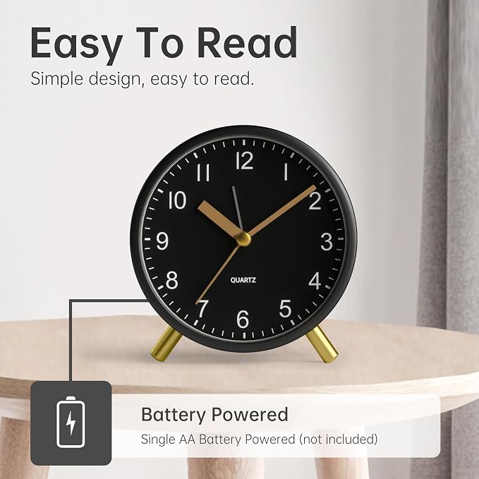 JALL Analog Alarm Clock, 4 inch Super Silent Non Ticking Small Clock with Night Light, Battery Operated, Simple Design, Easy Setting for Office, Bedroom, Bedside, Desk, Teens, Elders, Adult, Black