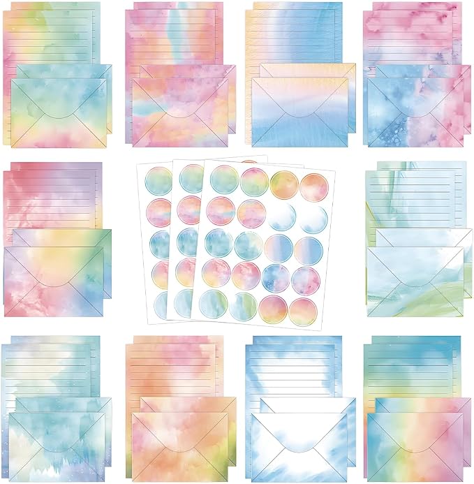 FUNCLASS 160 Pcs Stationery Set Letter and Envelopes – 50 Lined Stationery Paper and 50 Matching Envelopes, 5.5 x 8.25 Inches Letter Writing Stationery for Home, Office, School (watercolor-A)