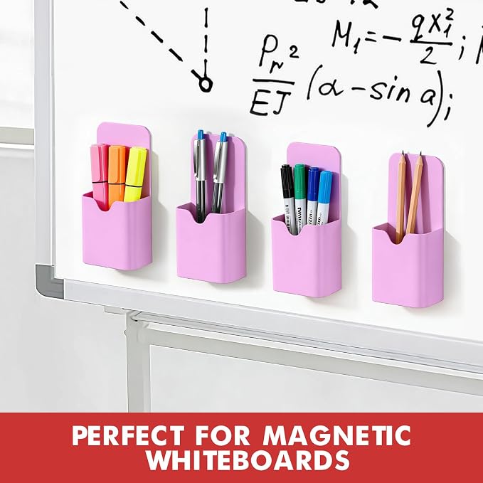 BEYGORM 4 Pack Magnetic Pen Holder for Whiteboard, Upgraded 1.5 mm Pencil Cup Organizer for Dry Erase Markers, Ideal Classroom, Office, Refrigerator, Locker (Purple)