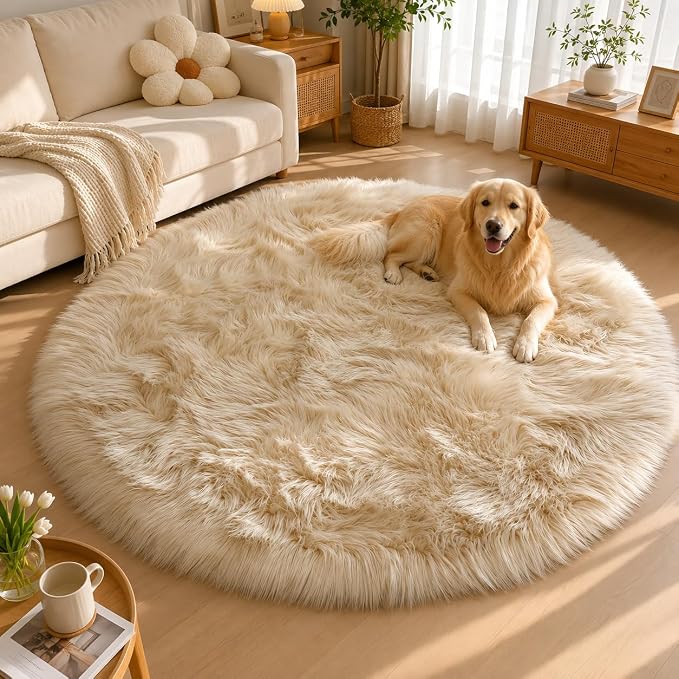 EasyJoy Faux Sheepskin Rug, Fluffy Faux Fur Rug, Ultra Soft Shag Area Rug with Non-Slip Backing for Bedroom, Living Room, Nursery, Kids Room(4 x 4 ft Round, Beige)