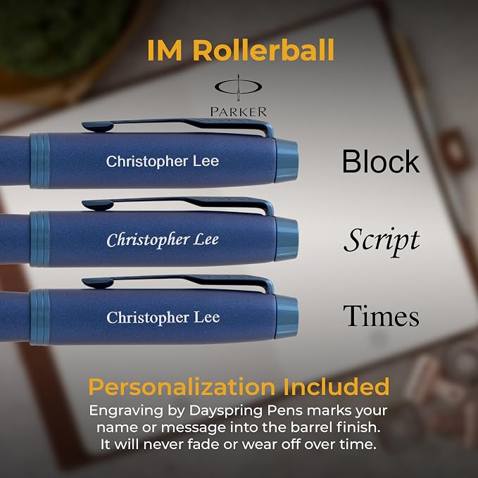 Parker IM Monochrome Blue Engraved Rollerball Pen, All-Metal Blue Trim, Fine Point Black Ink, Arrow Clip, Personalized Gift for Graduation, Writers, Career Advancement, Parker Gift Box