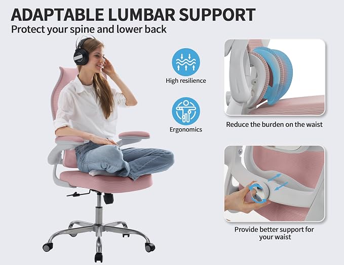 TRALT Ergonomic Office Chair- Desk Chair with Adjustable Lumbar Support | Big and Tall Back Ergonomic Desk Chair - Home Office Mesh Chairs and PU Leather Seat for Home Reading to Adults(Pink))
