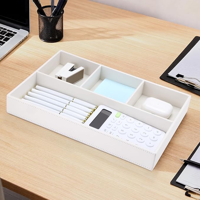 PU Leather Desk Drawer Organizer, 4 Compartment Office Supplies Stationery Storage Tray, Desk Organizers and Accessories Drawer Organizer Tray for Home, Makeup, Jewelry Stackable White