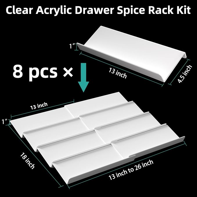 MIUKAA White Spice Drawer Organizer, 4 Tier - 8 Pack Seasoning Organizer for Drawer, Expandable From 13" to 26" Kitchen Drawer Spice Rack (Jars not Included)