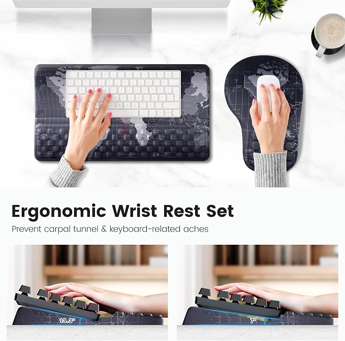 Ospelelf Ergonomic Mouse Pad and Keyboard Stand Wrist Rest Set, Memory Foam Comfort, Pain Relief for Typing, Office Desk Accessories, Map