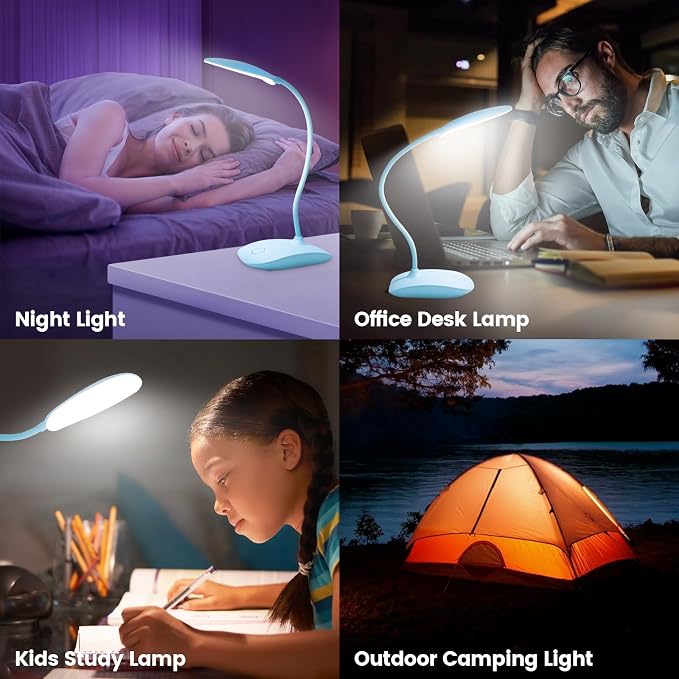 Battery Powered Desk Lamp, Portable Lamps Rechargeable 3 Color Modes Touch Control Stepless Dimming, Wireless Desk Lamp with 2000mAh, Small LED Table Light for Dorm Study Office Bedroom,Blue