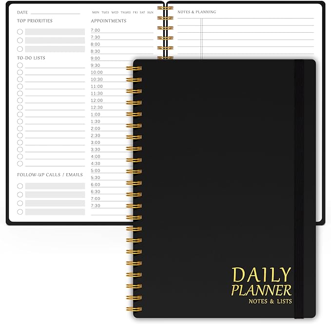 Daily Planner with Hourly Schedules - Undated To Do List Notebook for Work and Study, Spiral Bound, 5.5" x 8.5", Easily Manage Tasks and Appointments - Black