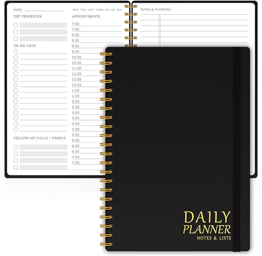 Daily Planner with Hourly Schedules - Undated To Do List Notebook for Work and Study, Spiral Bound, 5.5" x 8.5", Easily Manage Tasks and Appointments - Black