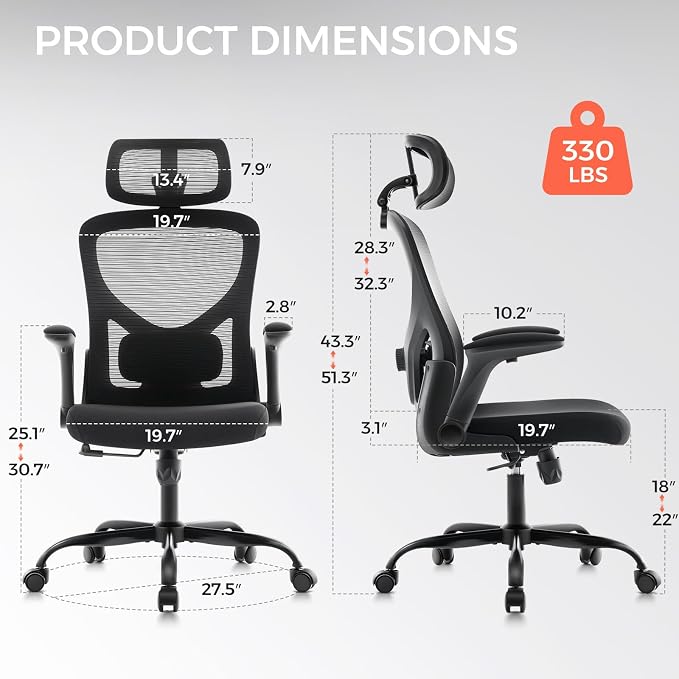 Office Chair,Ergonomic Mesh Computer Desk Chair,Black | 2D Adjustable Lumbar Support,3D Headrest,Adjustable & Flip-Up Armrests,Rolling,Tilting,Swivel,High Back,Executive PC Chair