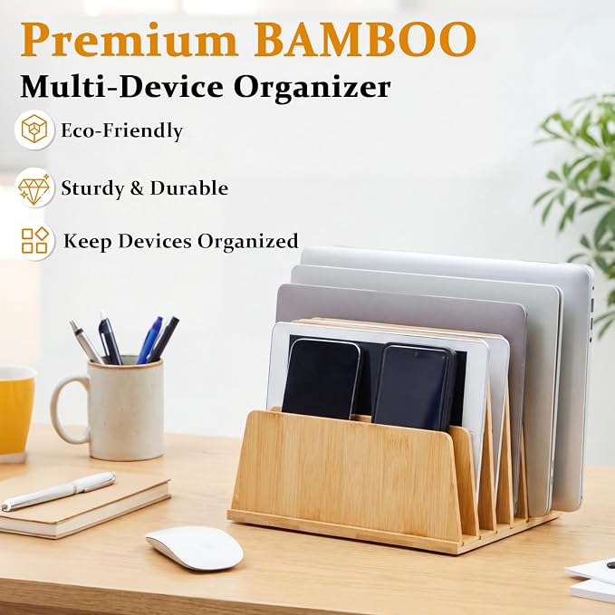Unittype Bamboo Multi Device Organizer, 6 Slots Vertical Laptop Storage Rack, Computer Charging Station for Smartphones, Tablets and Laptops, Space Saving Organizer for Home Office