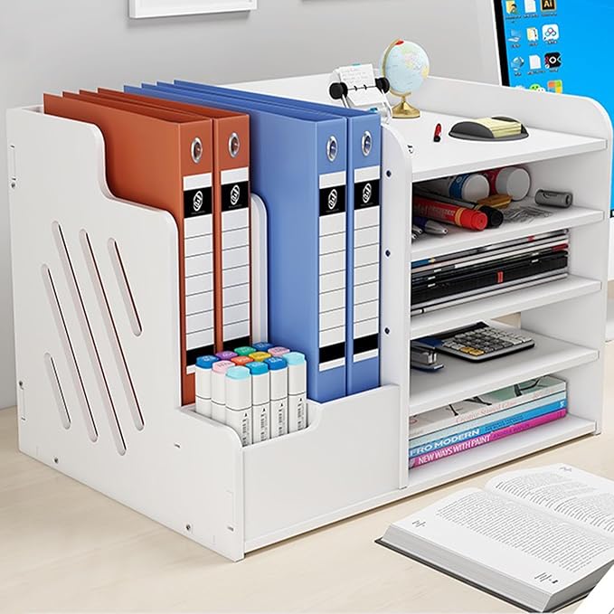 Bamboo Desk Organizer, Desktop Wood Bookshelf File Organizer, Pen Holder and Tissue Holder, 1 Drawer with lock for Office, Home, Need to Install (White)