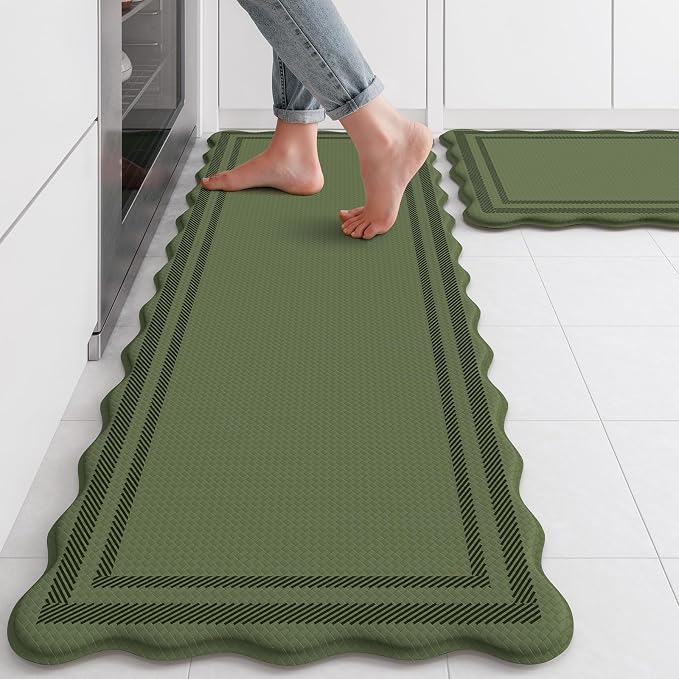 KIMODE Kitchen Mats for Floor Cushioned Anti Fatigue,Green Boho Home Decor | Scalloped Rugs for Kitchen Floor Non Slip,Farmhouse Kitchen Runner Rugs,Summer Laundry Room Rugs for Office Bathroom Sink