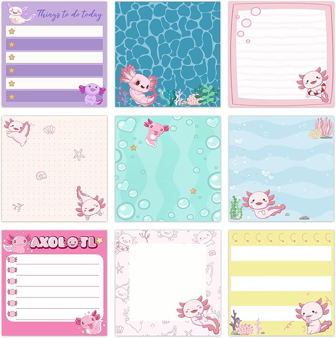 9 Pads Cute Sticky Notes Cartoon Self Stick Notepads 3x3 Inches Notes Adhesive Memo Pad Office Decor Gifts for Students School Teacher Office Meeting(Axolotl)