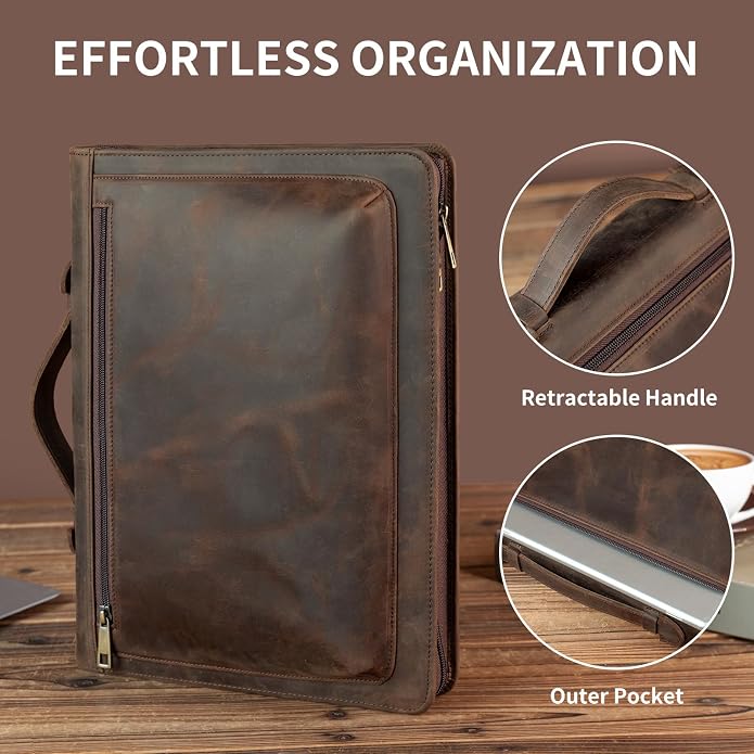 YIWEN Handmade Leather Portfolio with Handle – Zippered Front Pocket, Clip for Letter Size Notepad, Business Travel Padfolio