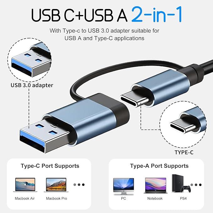 USB Hub 3.0,USB c hub,USB hub with Multiport Adapter, USB Splitter with 1xUSB 3.0,4xUSB2.0,2 x USB C,Hub for MacBook Pro/PC/Laptop/Tablet Devices (Grey 7in1)