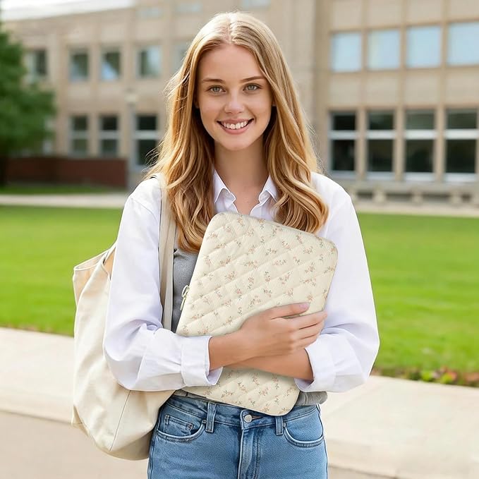 Puffy Laptop Sleeve 13-15.6 Inch Cute Quilted Laptop Protective Case Padded Floral Computer Sleeve for MacBook (B-Light Pink, 11 Inch)