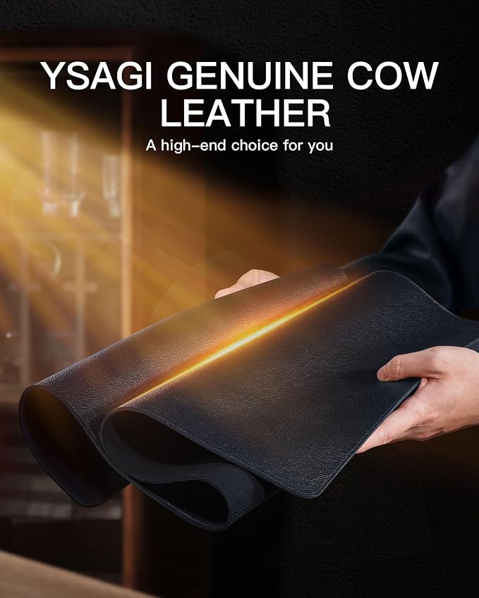 YSAGi Genuine Leather Desk Mat, 23.6"x13.8" Office Desk Pad, Thick Desk Pad Mat with Stitched Line, Non-Slip Desk Mat with Rubber Base (Black, 23.6"x13.8")