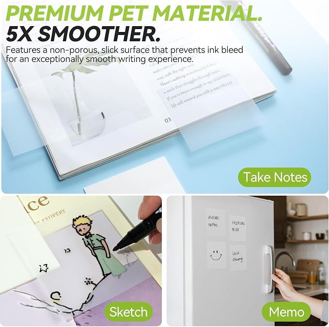 7-IN-1 Transparent Sticky Notes Set 【400 Sheets: 7 Pads+Sticky Tabs】- Tecolu 3x3 inch Clear Sticky Note Waterproof & 5X Stickiness, See-Through Translucent Sticky Note for School Office Bible Supplies