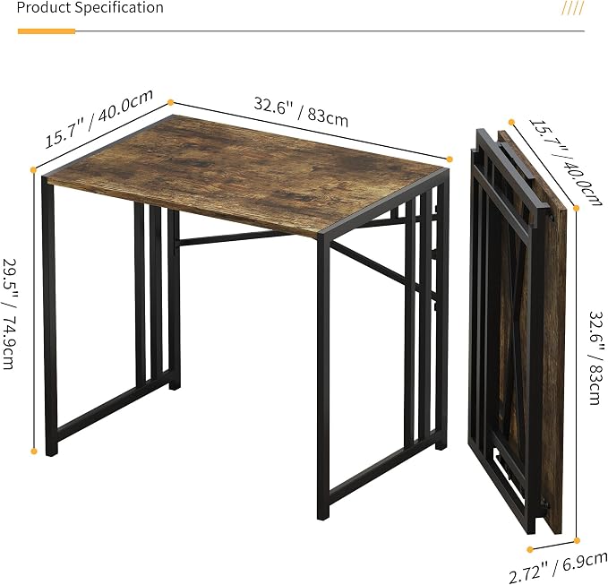 Lutown-Teen 32 inch Small Folding Computer Desk, Writing Gaming Computer Desk for Small Spaces, No Assembly Required Home Office Desk, Rustic Brown