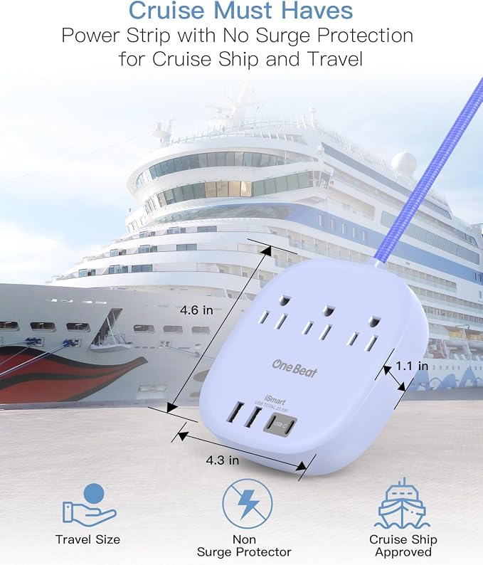 Cruise Ship Travel Essentials, 22.5W/4.5A Flat Plug Power Strip, 6Ft Extension Cord, 3 Outlets 4 USB Ports (2 USB C) Cruise Approved Power Strip No Surge Protection, Desktop Charging Station, Purple