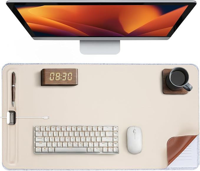Desk Mat – Double-Sided Vegan Leather & Felt | Built-In Magnetic Cable Organizer & File Storage | Premium Workspace Pad for Office, Gaming & Creative Professionals-（Beige）