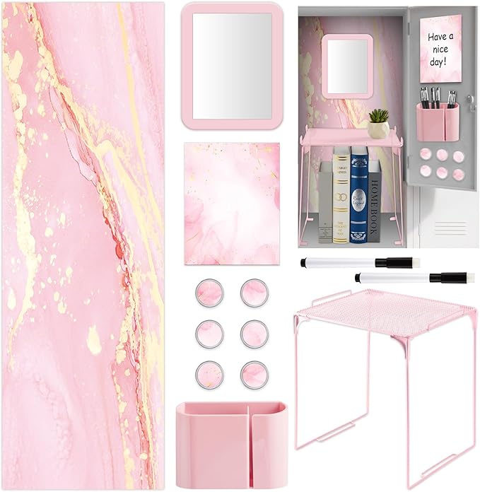 13 Pcs School Lockers Magnetic Decor Locker Accessories Kit with Magnetic Pink Marble Print Whiteboard Locker Shelf Mirror Pen Holder Buckle Sheet Organizer Decoration Essential Back to School Supply