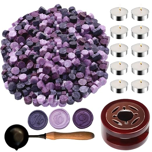 Wax Seal Kit with Warmer, ONWINPOR 300pcs Sealing Wax Beads in 3 Colors, Non-Slip Spoon, Candles for Envelopes, Stamp Letter Seal,Wedding Invitations (Purple Mix)