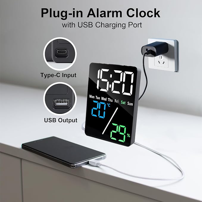 Lafocuse 5.7" LED Digital Alarm Clock Bedside, Table Clocks with Dual Alarm, Date, Day, Temperature, DST, USB Charging, Snooze for Heavy Sleepers Elderly Bedroom Living Room Office