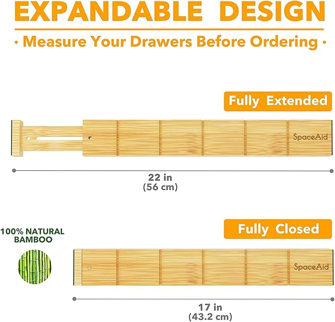 Bamboo Drawer Dividers – Adjustable Expandable Drawer Organizer (4-Pack + Inserts), Spring-Loaded Bamboo Drawer Separators for Kitchen Utensils, Silverware, Dresser & Bathroom Organization