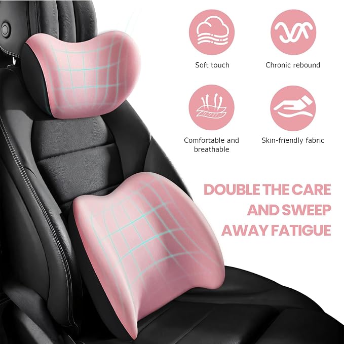 2 PCS Car Headrest & Lumbar Support Cushion, Ergonomic Memory Foam Lumbar Pillow Neck Rest Cushion, Breathable Back Pillow & Headrest Support for Driving Seat, Car Accessories (Pink)