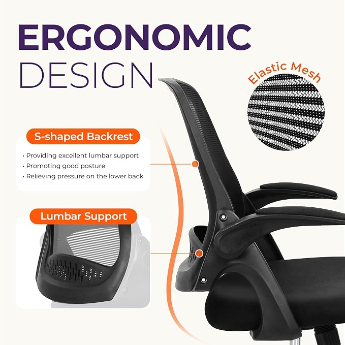 NEO CHAIR Office Desk Chair Computer Gaming Ergonomic Lumbar Back Support with Flip-up Padded Armrest Adjustable Height and Wheels for Home Vanity Bedroom Study (All Black)