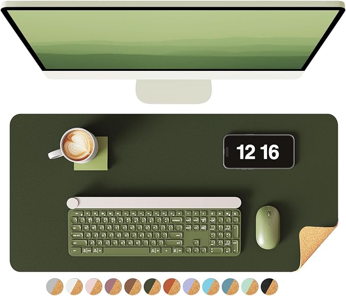 YSAGi Double-Sided Desk Pad, 23.6"x13.7" Leather Desk Mat, Eco Cork Desk Pad Protector, Large Mouse Pad for Desk, Waterproof Desk Blotter Pad, Desk Writing Pad for Office Work/Home(Dark Green/Cork)