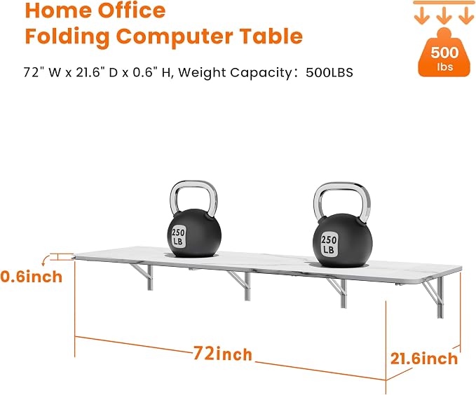 IAE Wall Mounted Floating Foldable Desk 72" x 22" Folding Computer Workstation Table with Engineered Wood and Metal Shelf Brackets,Fold&Floating Design for Home Office, Apartment,Laundry Room,White