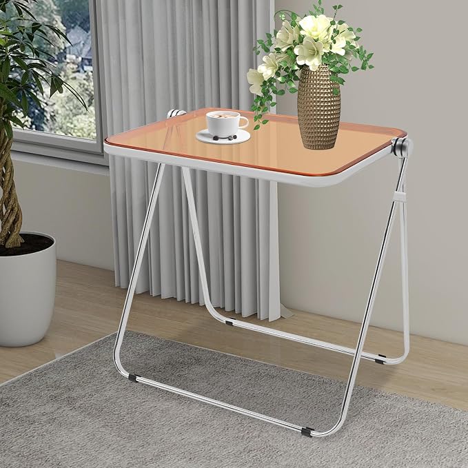 Acrylic Folding Table, 25 * 20 * 27in Compact Writing Desk with Sturdy Metal Frame, Side Table for Small Spaces, Home Office, Small Computer, Snack Dinner on Couch (Clear Tea)